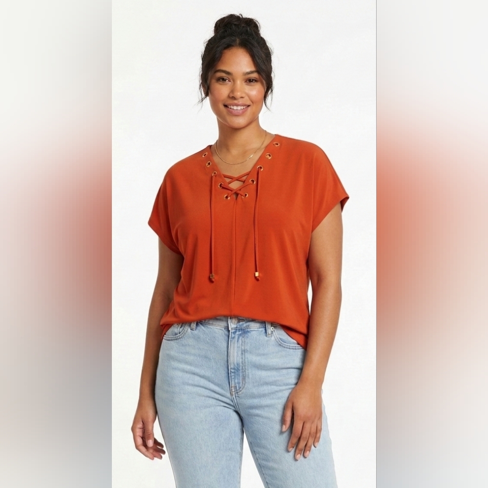 MICHAEL Michael Kors Lace-Up V-Neck Orange Top Size M